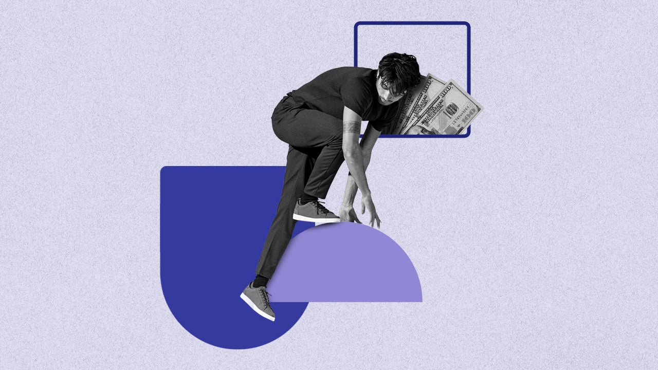 Abstract art of a young man on unstable financial blocks