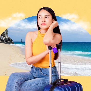 design element a young woman sitting with her arm resting on her luggage handle with a beach in the background