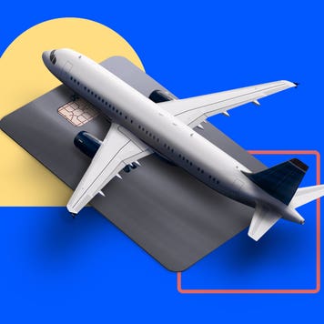 design element including an airplane stacked on top of a credit card