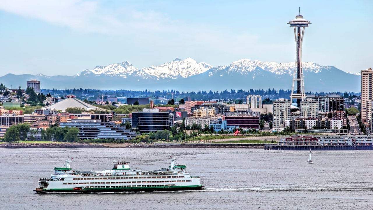 A view across the Puget Sound toward Seattle, the Space Needle, and Cascade mountatins, Washington State.
