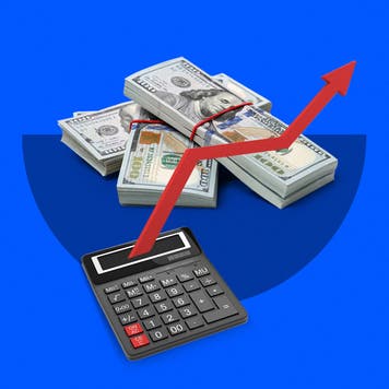 Illustration of calculator and stacks of cash