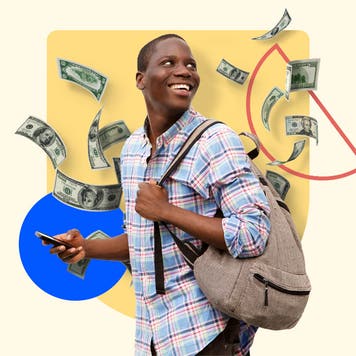 Young college student with backpack and illustrations of cash