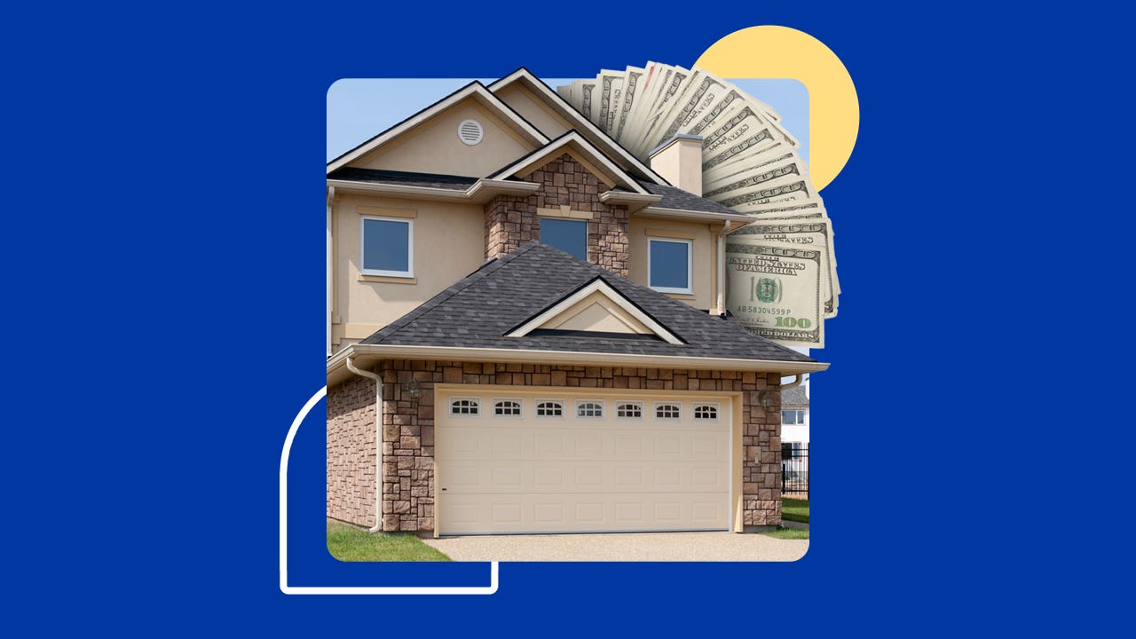 Illustrated collage including a house with money behind it