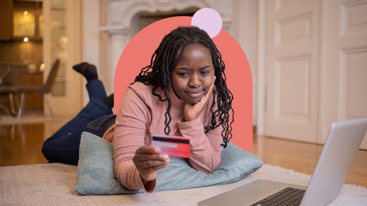 design element including a young adult laying down and holding a card in their hand