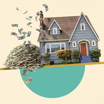 Illustrated collage featuring a house with a large pile of money beside it