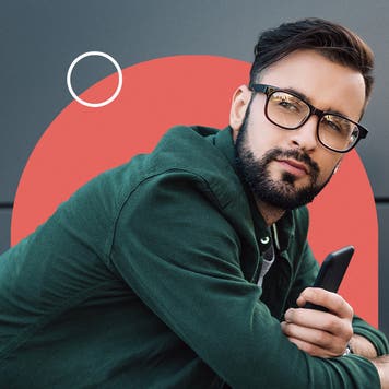 design element including a young adult holding a phone with arms resting on a rail