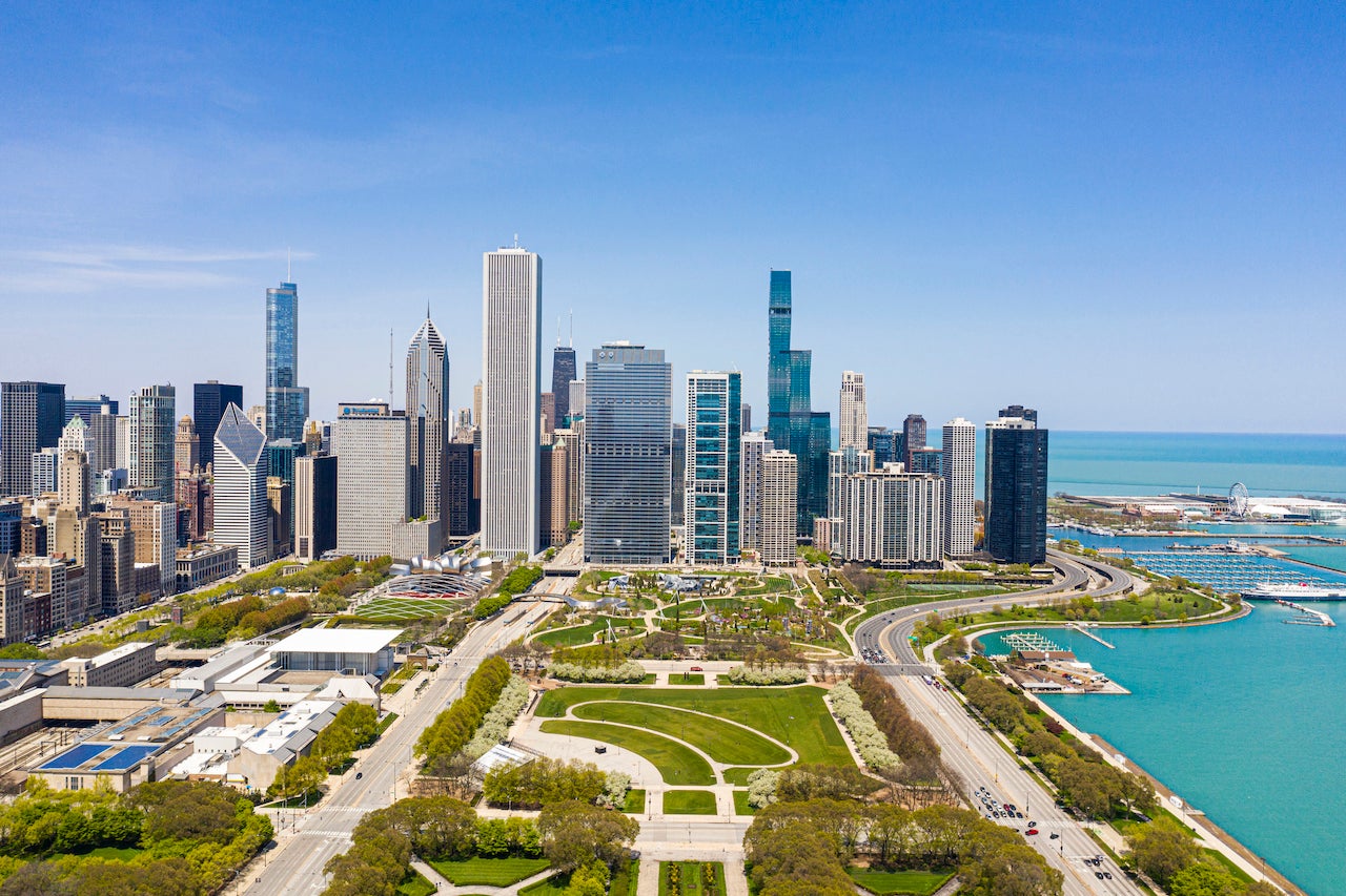 chicago housing market - aerial view of skyline along lake michigan