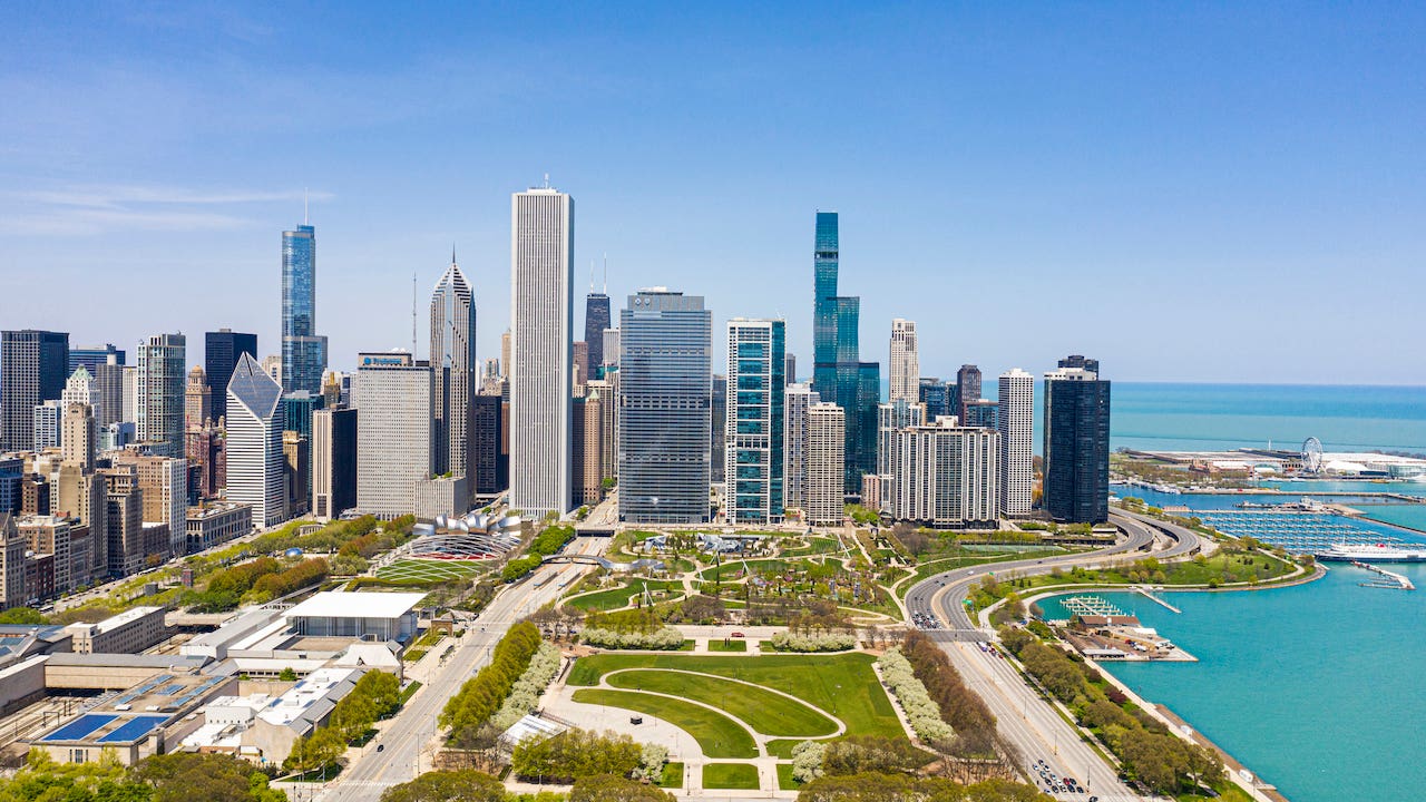 chicago housing market - aerial view of skyline along lake michigan