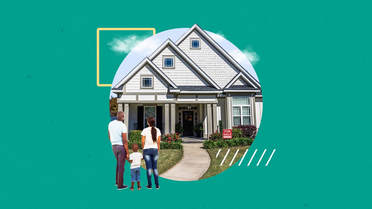 Illustrated collage of a family gazing at house