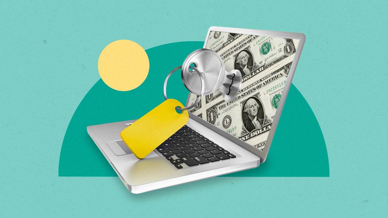 image of laptop with cash as background with key illustration