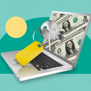 image of laptop with cash as background with key illustration