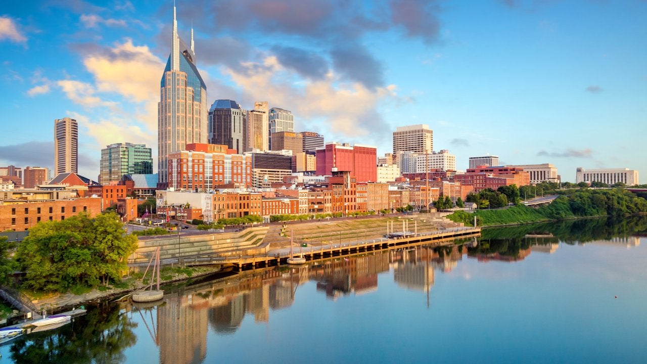 Nashville, Tennessee downtown skyline at Cumberland River.