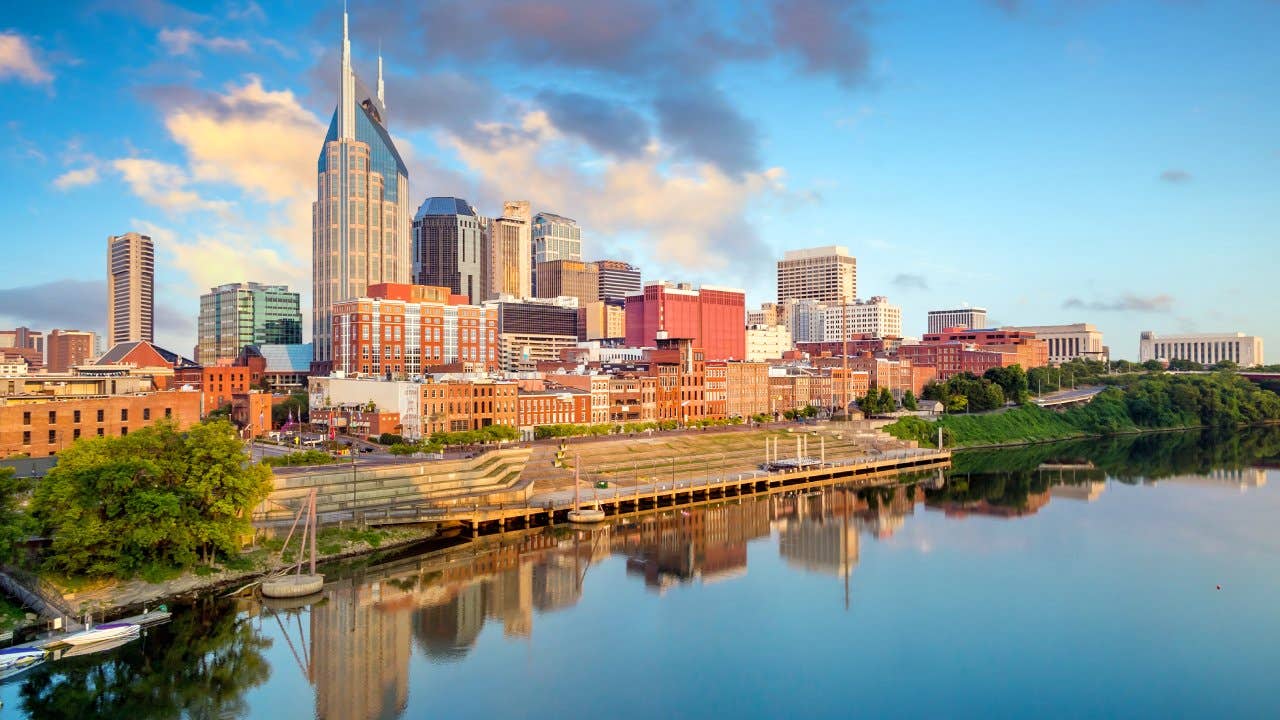 Nashville, Tennessee downtown skyline at Cumberland River.