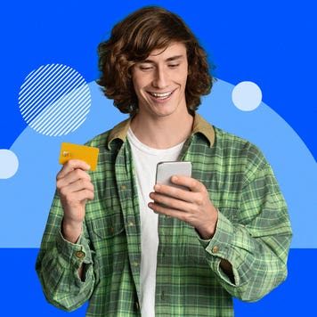 design element including a young adult smiling while holding a phone one in hand and a card in the other