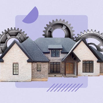 Illustrated collage featuring gears behind a house