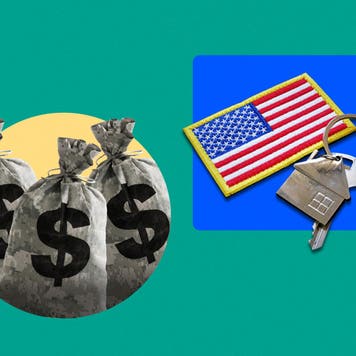 Illustrated collage featuring bags of money and a house key