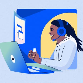 design element including a person with an ear piece smiling while working on a laptop
