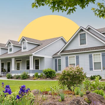 housing heat index - photo illustration of suburban home with rising yellow sun