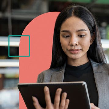 young woman on ipad with illustrations in the background