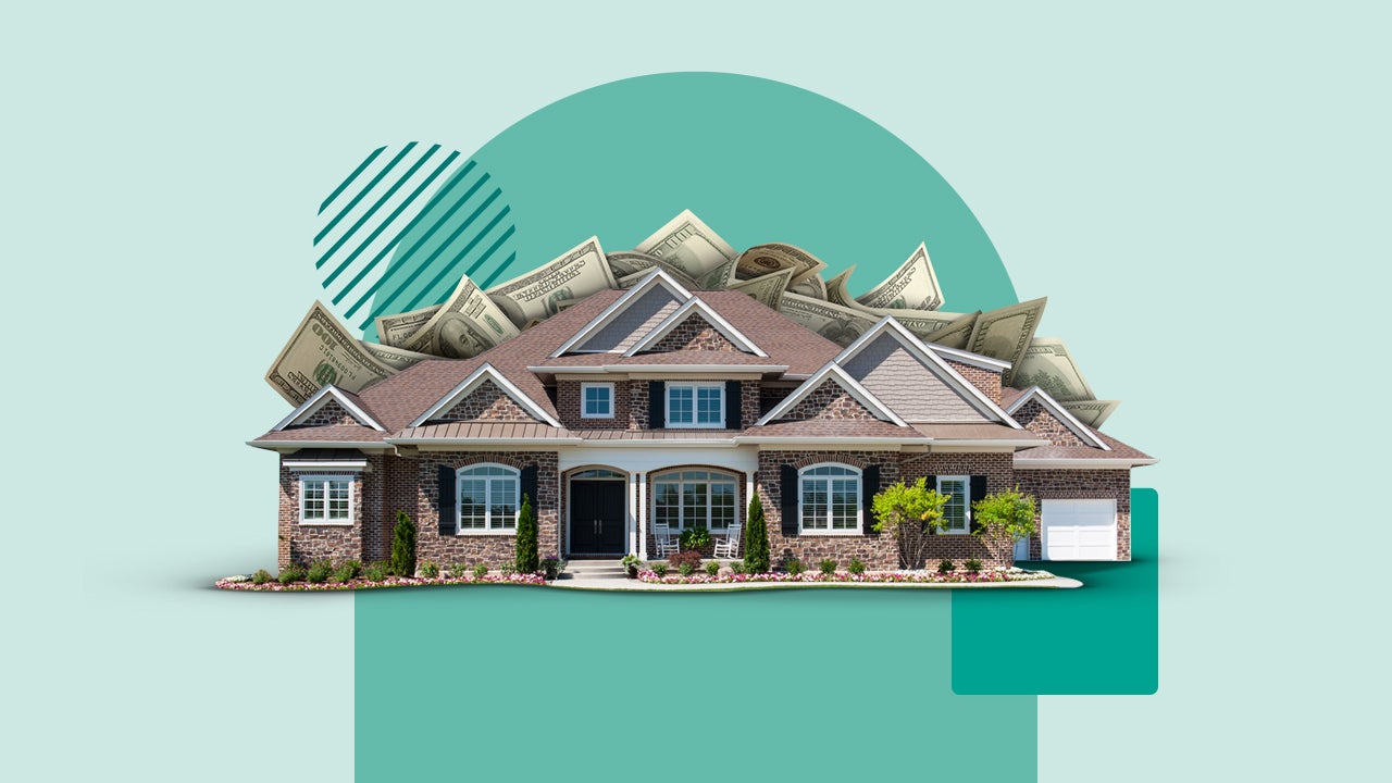 Illustrated collage featuring an expensive-looking house with money coming out of the roof