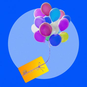 design element of a blue background with a bunch of ballons in the air with a credit card tied to the end of its strings
