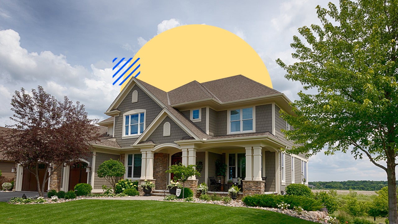 Illustrated collage featuring a house with a circle behind it