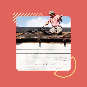 Illustrated collage featuring a man removing a damaged roof