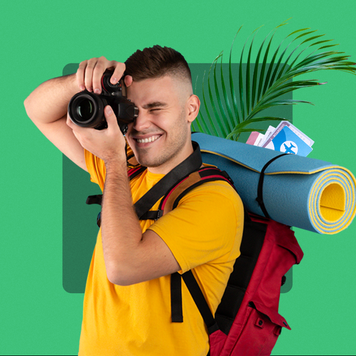 design element displaying a backpacking traveler taking a photo with a palm tree leaf in the background with a solid green background