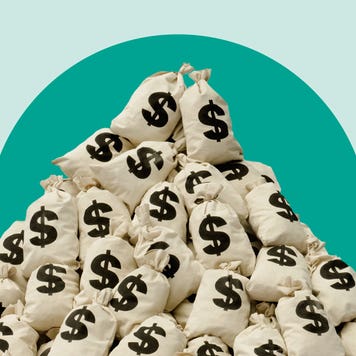 A large pile of money bags