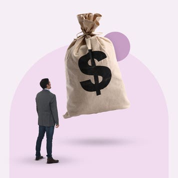 Illustrated graphic featuring a man in a suit staring at a large bag of money