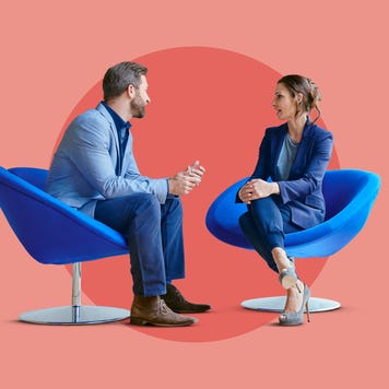 Illustration including two people sitting in blue chairs, engaged in conversation