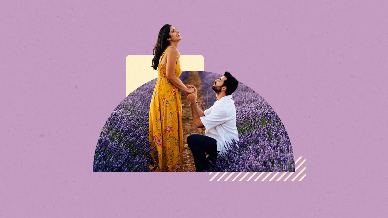 Man proposing to woman in a field of lavender. Image is in a half circle on top of a light yellow rectangle and a purple background.