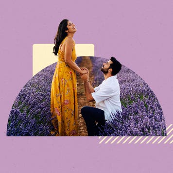 Man proposing to woman in a field of lavender. Image is in a half circle on top of a light yellow rectangle and a purple background.