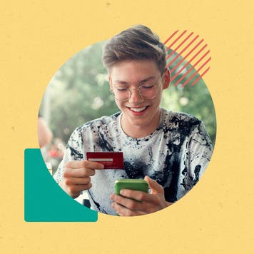 design element including a young person with glasses holding a phone and credit card