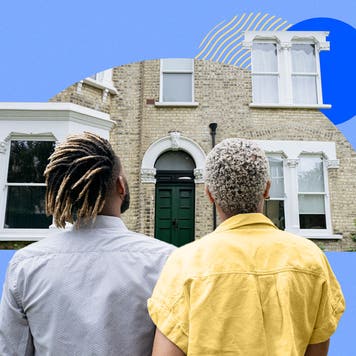 Illustrated collage featuring two people admiring a house