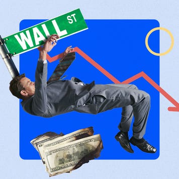 Sign of Wall St, a man falling down, a bundle of cash