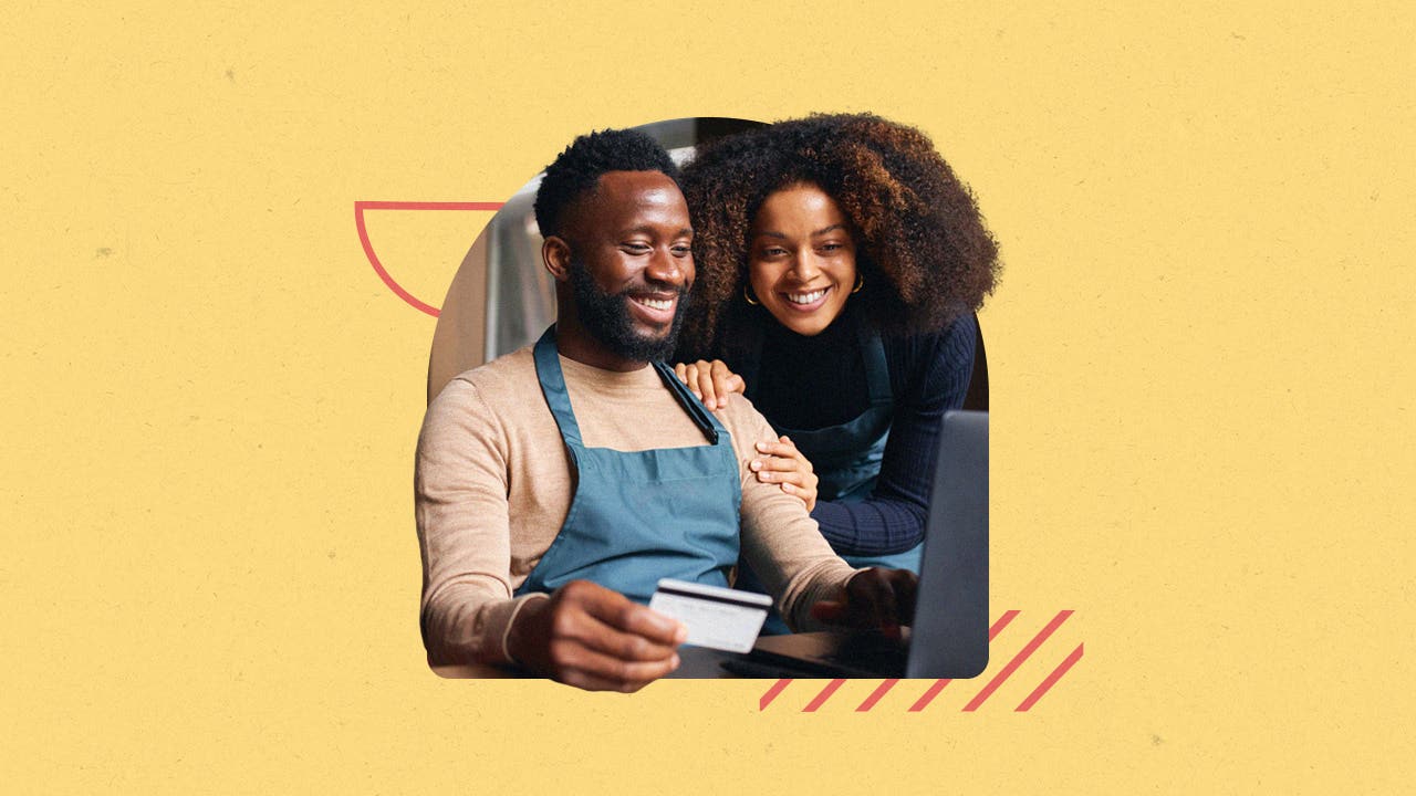 design element of a couple paying online with a card