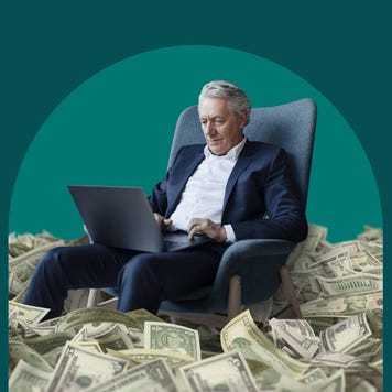 Illustrated collage featuring a man on his laptop surrounded by money