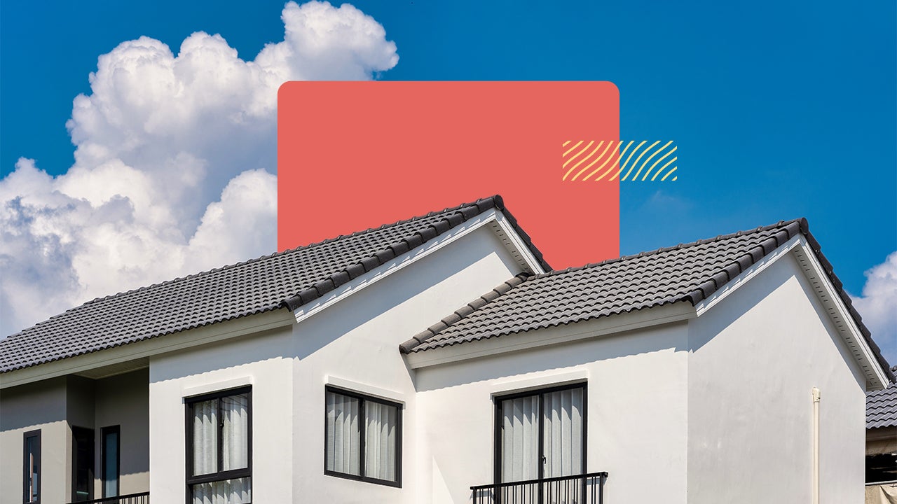 white house with black roof and blue sky, photo illustration with red square