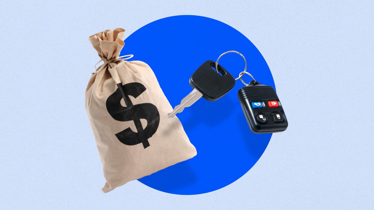 Image of a burlap bag with a USD symbol and a car key with fob. Behind these, there is a large blue circle on a light blue background.