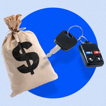 Image of a burlap bag with a USD symbol and a car key with fob. Behind these, there is a large blue circle on a light blue background.