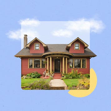 Illustrated collage featuring a house with clouds above