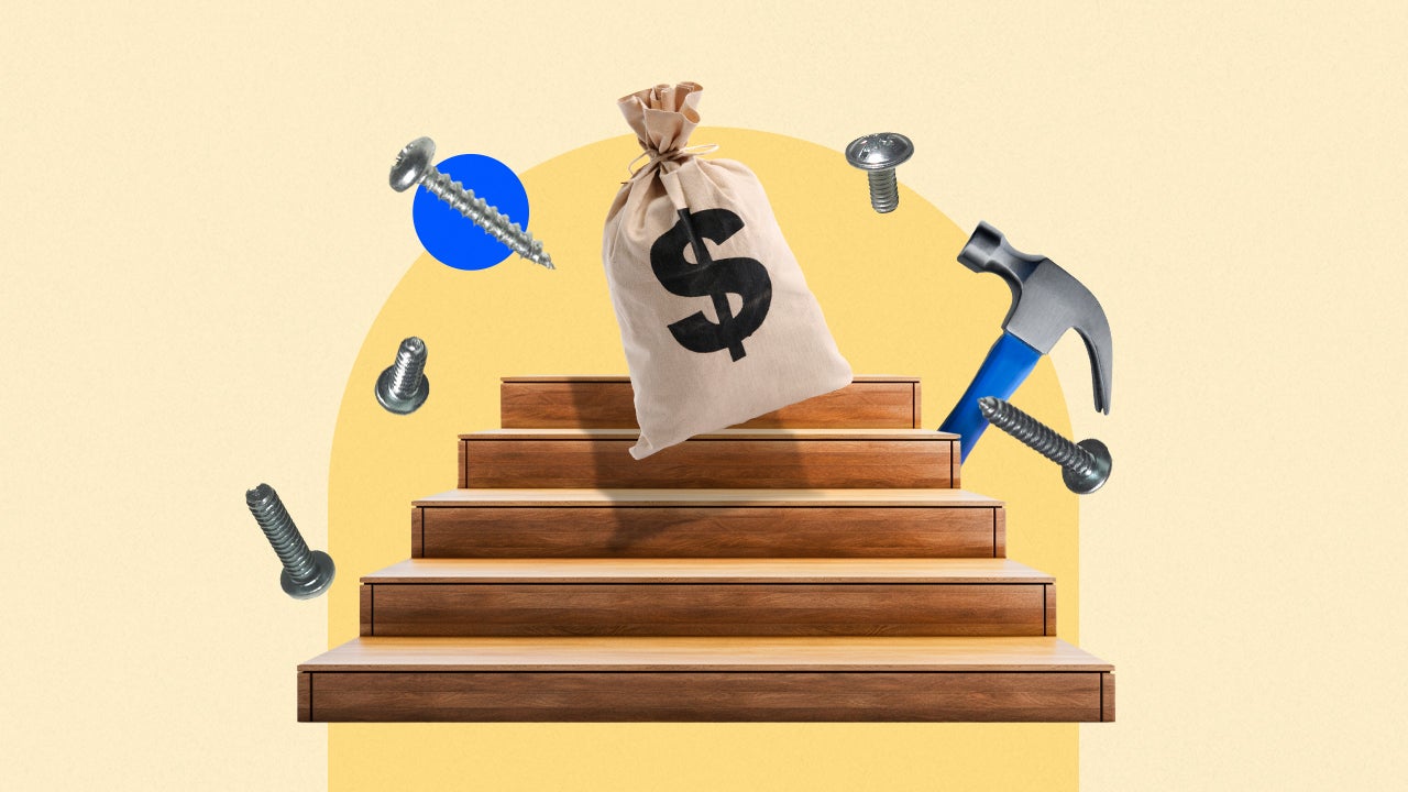 Illustrated collage featuring money, a staircase, a hammer, and screws