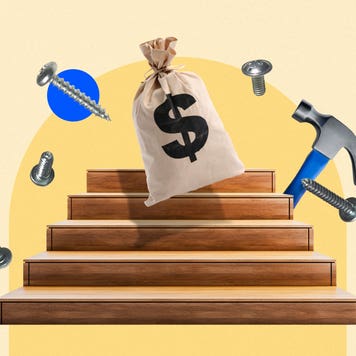 Illustrated collage featuring money, a staircase, a hammer, and screws