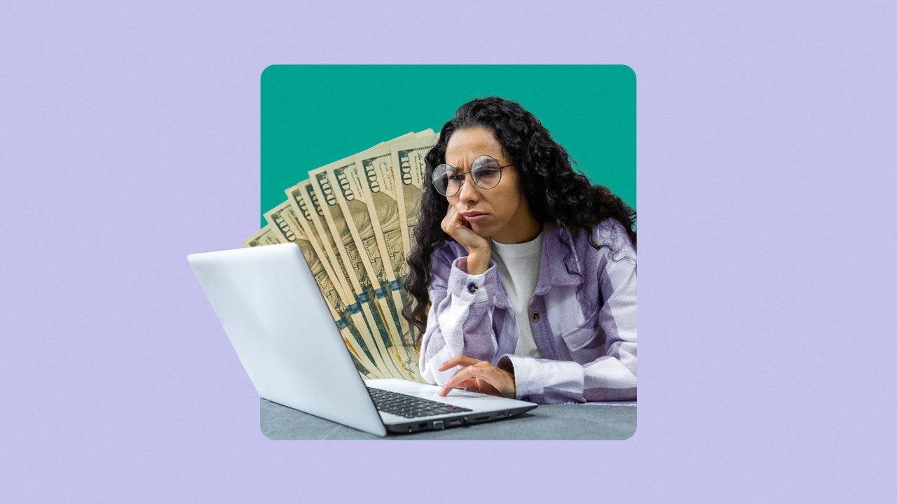 Person frowning at a laptop screen with illustration of money in background