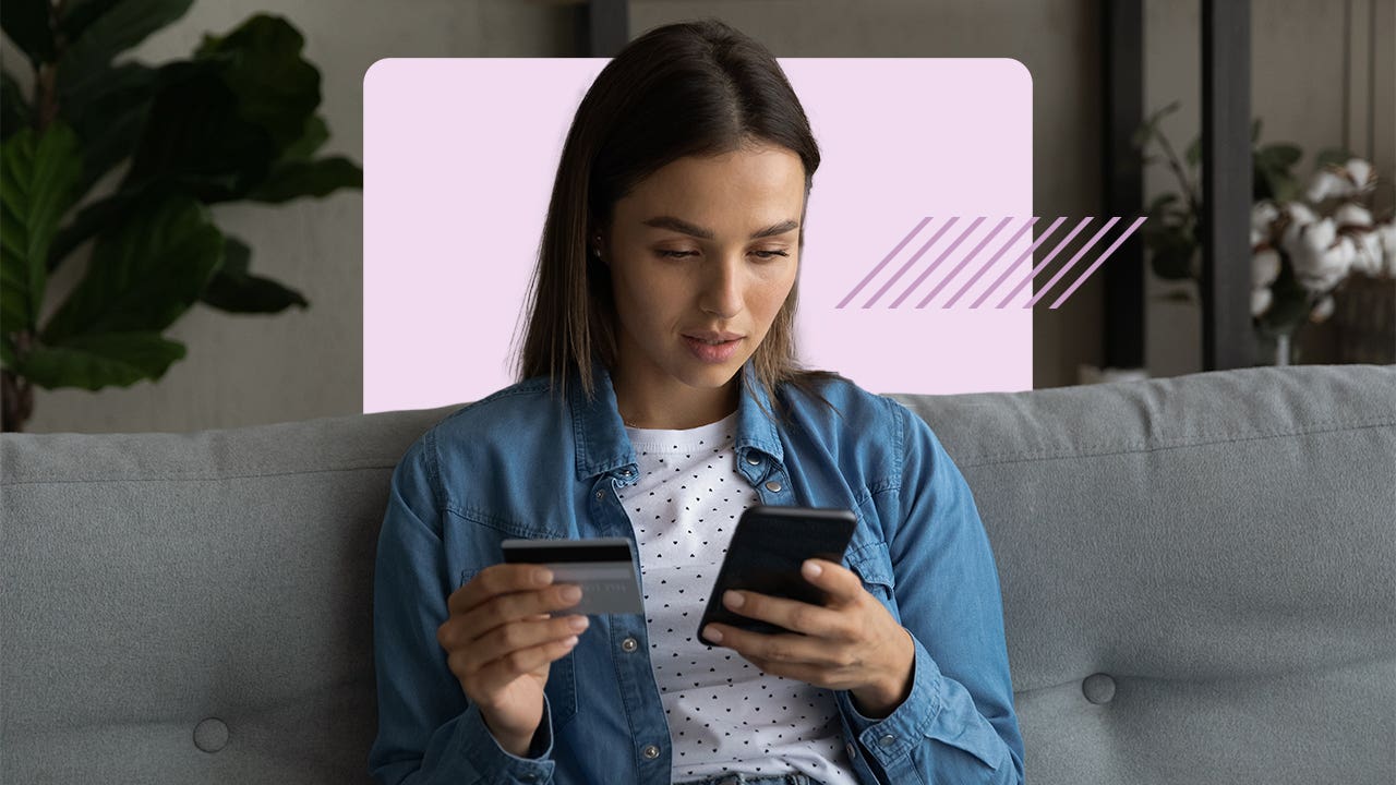 Design element of a person holding a phone in one hand and a credit card in another