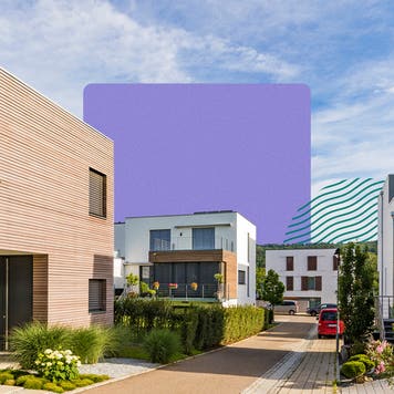 housing market 5-year forecast - photo illustration with purple square