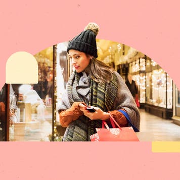 design element of a women carrying shopping bags walking on a street, a pink background
