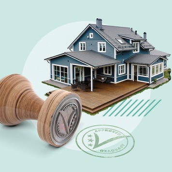 Collage featuring a house with a large approval stamp next to it