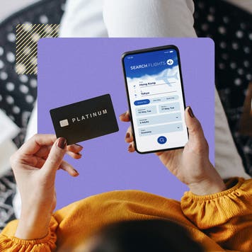 design element a person holding a credit card and phone in their hands while sitting down